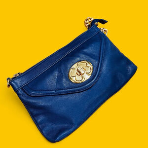 Emma Fox Blue Leather Clutch Crossbody Purse Gold Hardware Floral Lining
